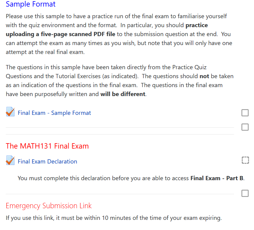  An example of Caz's Moodle page, showing Exam Information Session recording, Exam Conduct Declaration activity and Emergency Link access all grouped under the Assessment 3 tab.
